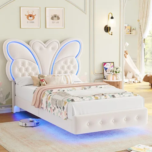 Vista 9 de Keyluv Marco de cama Queen con cabecera tapizada con patrón de mariposa, cama flotante moderna con luces LED, botones tapizados en cabecera y Beige