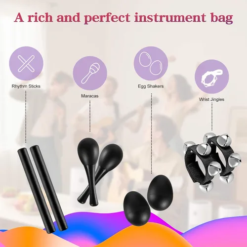 Vista 3 de Juego de 10 instrumentos de percusión, pandereta de media luna, palos de ritmo de madera, pandereta de campanas, campanas, muñequeras, cocteleras