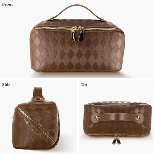 Vista 7 de Abiudeng Bolsa de maquillaje de viaje de gran capacidad para artículos esenciales de viaje, organizador de maquillaje plano abierto con divisor