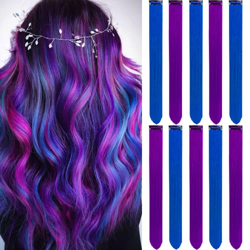 Vista 10 de 20 extensiones de cabello de colores, coloridas extensiones de cabello sintético con clip, extensiones de cabello sintético largo y lacio