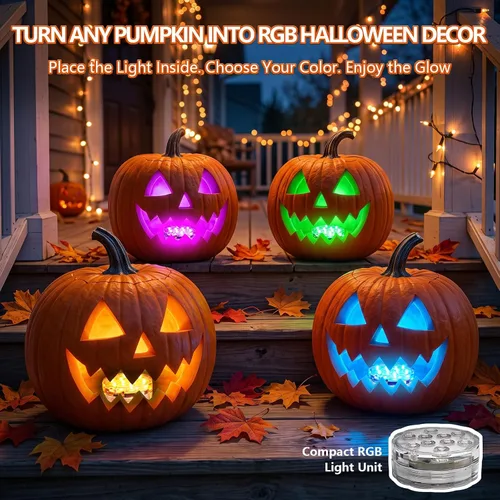 Vista 9 de Luces LED de calabaza con control remoto, 16 colores, 4 modos, funciona con pilas, luces sumergibles que cambian de color, para Halloween, calabaza