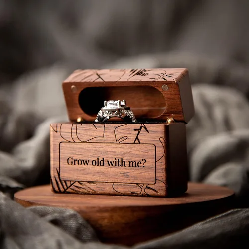 Vista 4 de MUUJEE Grow Old With Me Engraved Wooden Ring Box, Slim Engagement Proposal Ring Holder, Wedding Ceremony Ring Bearer Box, Fiance Gift Ideas