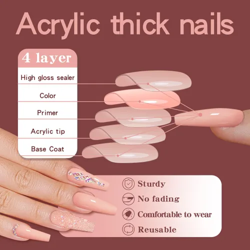 Vista 3 de 24 uñas postizas brillantes con diseños de longitud larga, uñas de boda a presión para novia, uñas acrílicas nude, ataúd a presión con diamantes