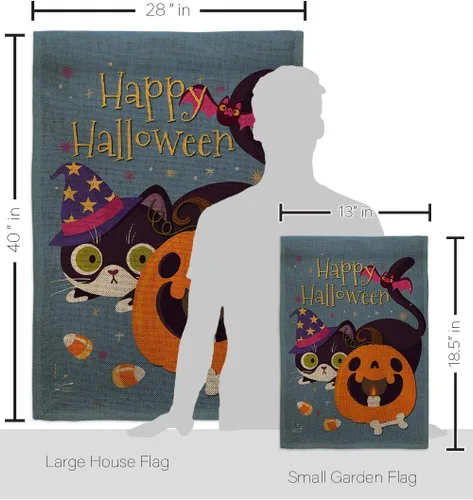 Vista 2 de Juego de bandera de casa de arpillera de gato brujo para otoño, Halloween, truco o trato espeluznante noche negro temporada otoño calabaza