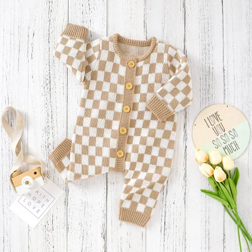 Vista 4 de Mameluco de punto unisex para bebé, niña, niño, overol de punto a cuadros, de una pieza, suéter con botones