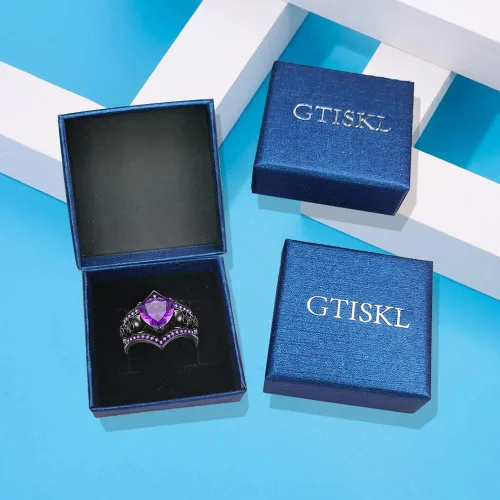 Vista 5 de Juego de anillos de compromiso góticos con diseño de calavera y rosa negra con forma de corazón, cristal de circón en forma de corazón, boda