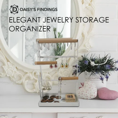 Vista 3 de DAISY'S FINDINGS Soporte organizador de joyas de 4 niveles Organizador de joyas para aretes, collares, pulseras, anillos, relojes... 10 ganchos