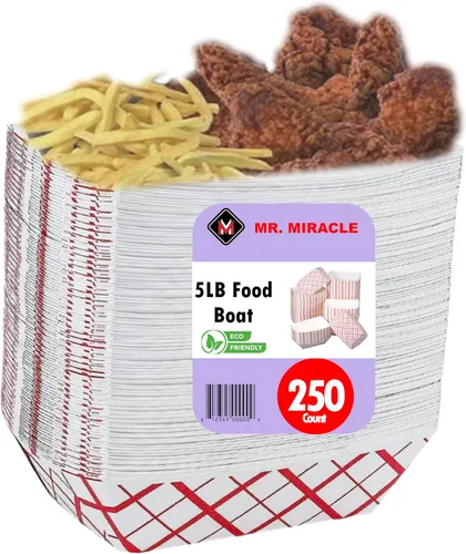 Vista 10 de Mr Miracle Bandejas de papel para alimentos, papel kraft. Extra grandes (5 libras). Paquete de 50 botes desechables y reciclables. Para condimentos