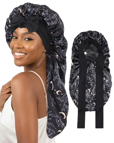 Vista 19 de AWAYTR Gorro largo de satén para mujer, gorro de seda elástica de doble capa para trenzas, gorro de dormir con banda de amarre (negro)