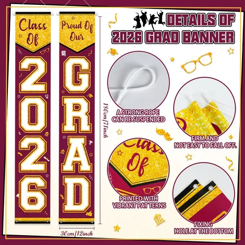 Vista 2 de Letrero de graduación granate y dorado para porche, decoración de graduación de Calss of 2026, 3 unidades, pancarta de graduación Cartel