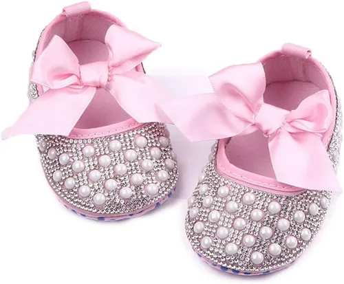 Vista 4 de Zapatos planos Mary Jane para bebés y niñas, con lazo brillante y diamantes de princesa, zapatos antideslizantes para cuna