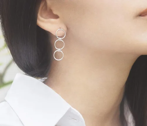 Vista 2 de Handmade Sterling Silver 925 Triple Open Circle Link Dangle Stud Post Earrings, Light Weight Three Ring Geometric Design, Polished finish