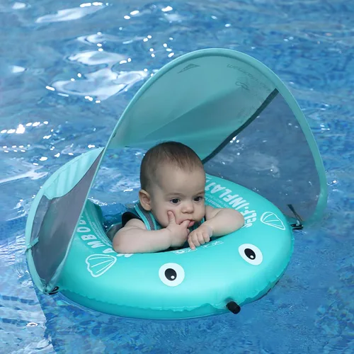 Vista 10 de Flotador Mambobaby para bebé de piscina con toldo y cola Flotador portátil para bebé autoinflable, plegable, flotador de natación, cama flotante