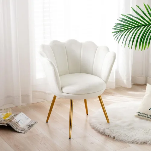 Vista 7 de chairus Silla de tocador de maquillaje blanca crema con respaldo, pequeña silla moderna tapizada de terciopelo con patas de metal dorado, bonita