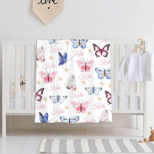 Vista 3 de Manta personalizada con nombre de mariposa, regalos personalizados para adultos, manta personalizada para hombres y mujeres, manta de franela