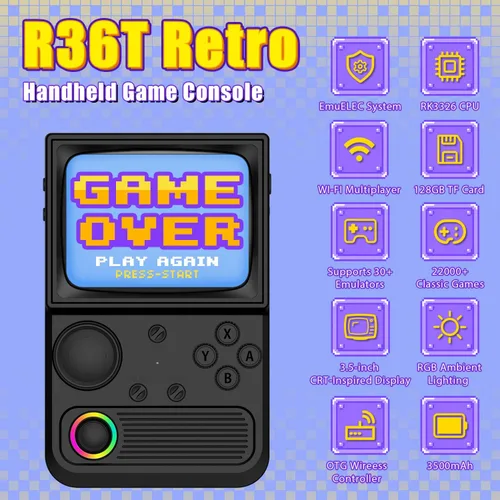 Vista 2 de R36T - Consola de juegos retro, pantalla IPS de 3.5 pulgadas, inspirada en CRT, consola de juegos portátil con más de 18000 juegos clásicos