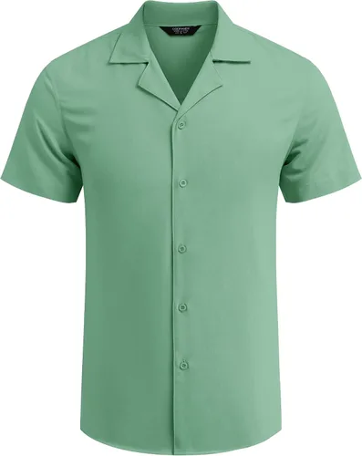 Vista 4 de COOFANDY Camisas de lino para hombre, camisas de manga corta con botones, ajuste regular, color verde claro, Verde claro