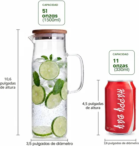Vista 4 de hjn Jarra de vidrio con tapa, jarra de agua de vidrio con asa, jarra de agua para refrigerador, bebidas frías o calientes, té helado, leche, jugo