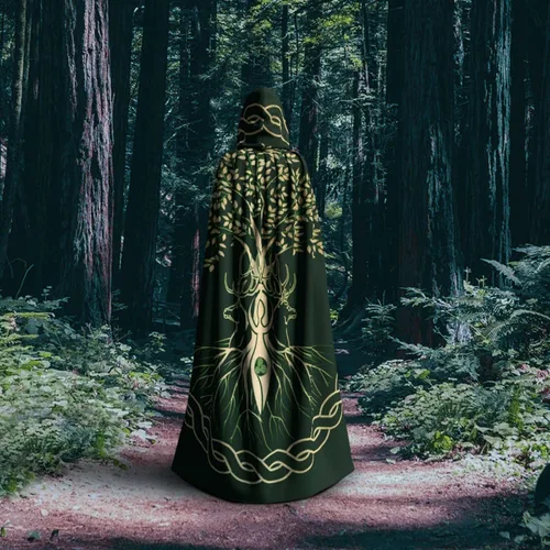 Vista 4 de Capa de disfraz vikingo para hombres y mujeres, Halloween, cosplay, mago, bruja con capucha