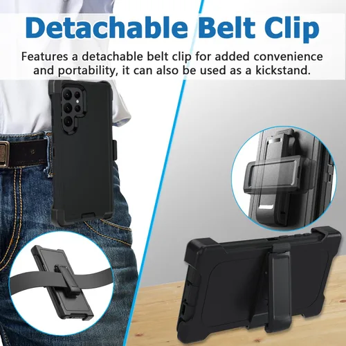 Vista 3 de Miimall Funda compatible con Galaxy S23 Ultra, funda para S23 Ultra desmontable, clip para cinturón, función atril, bordes elevados, protección