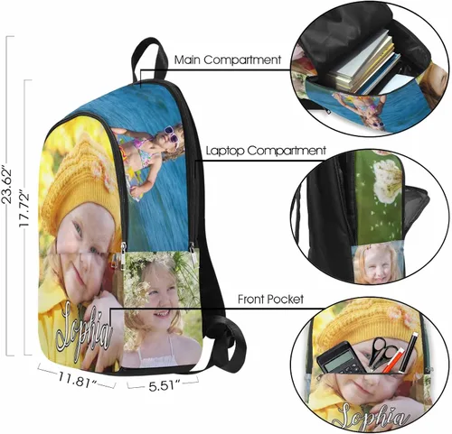 Vista 3 de M YESCUSTOM Mochila informal personalizada con fotos, bolsas escolares personalizadas con nombre de niño para niños, niñas, adolescentes, bolsa
