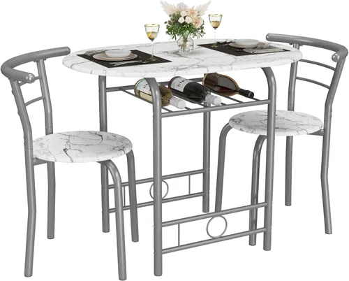 Vista 11 de JUMMICO Juego de mesa redonda y silla de madera de 3 piezas, ahorro de espacio, rincón de desayuno, mesa de grano de madera con marco de metal