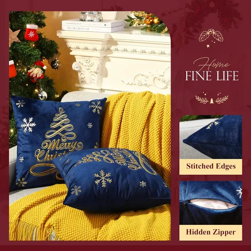 Vista 2 de Lewondr Fundas de almohada de Navidad, bordado de árbol de Navidad, patrón de estampado en caliente, fundas de almohada de terciopelo holandés