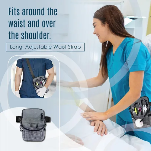 Vista 5 de First Lifesaver Riñonera convertible 4 en 1 con múltiples compartimentos y soporte de cinta para enfermeras, estudiantes de enfermería, Gris, L