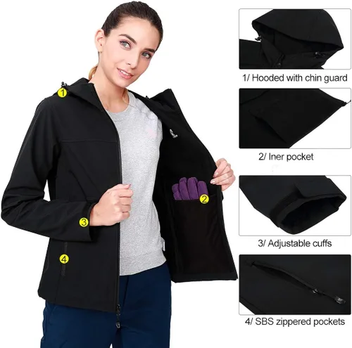 Vista 3 de CAMEL CROWN Chaqueta Softshell con forro polar para mujer con capucha, impermeable, resistente al viento, ligera, aislante, senderismo, campamento