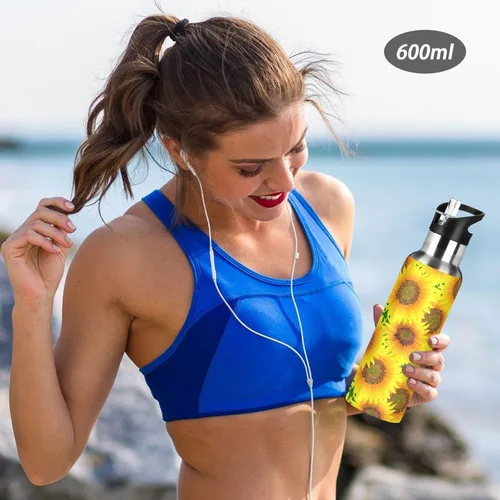 Vista 6 de BPA-Free Sports Water Bottle with Straw 32 Oz, Stainless Steel Water Bottle for Gym Outdoor Travel School, Vibrant Sunflowers Bright Yellow