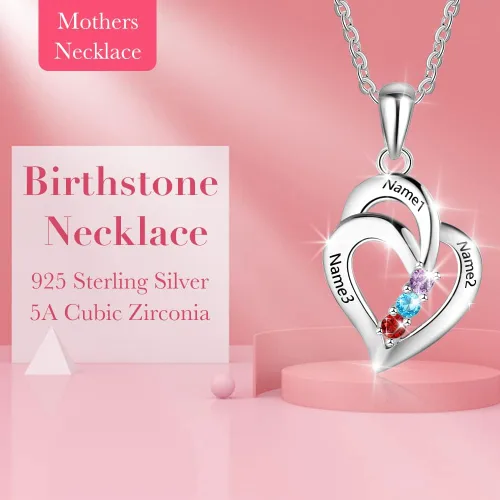 Vista 2 de Lam Hub Fong Regalos personalizados para mamá y madre con 3 piedras de nacimiento hechas a mano, tono plateado, chapado en oro de 18 quilates