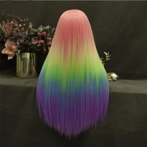 Vista 3 de IMSTYLE Pelucas sintéticas rectas con encaje frontal de colores arcoíris de 26 pulgadas, línea de cabello natural para Halloween, cosplay, fiesta