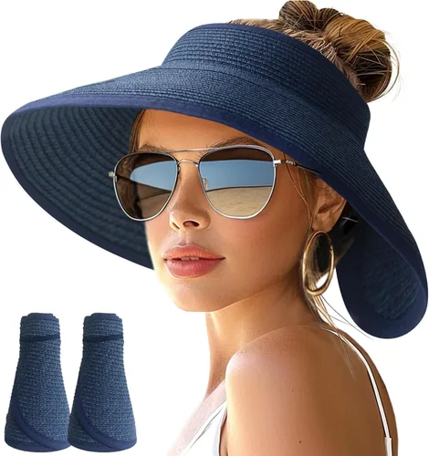 Vista 11 de NPJY Sun Hats for Women Wide Brim Roll-Up Ponytail Packable Straw Visor Blanco