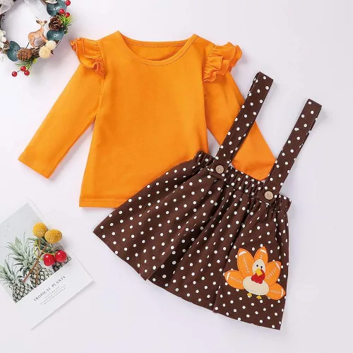 Vista 3 de Xfglck Conjunto de ropa de Acción de Gracias para niños y niñas pequeñas, blusa de pavo con volantes y falda con tirantes