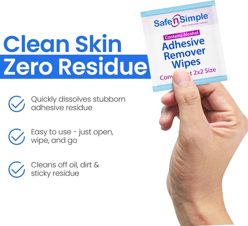 Vista 6 de Safe n' Simple Removedor de adhesivo para la piel, 50 paquetes de 2 x 2 pulgadas, toallitas removedoras de adhesivo, toallitas removedoras