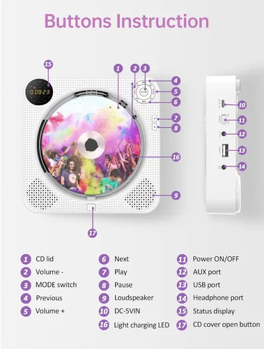 Vista 13 de DESOBRY Reproductor de CD de pared Bluetooth con altavoces Control remoto