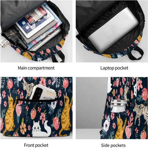 Vista 8 de Mochila de seta de 16 pulgadas Mochila de viaje ligera para portátil, Flor de gato, Classic