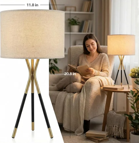Vista 2 de Juego de 2 lámparas de mesa con trípode modernas de 20.8 pulgadas, lámparas de mesa de metal negro y dorado para sala de estar, dormitorio, mesita
