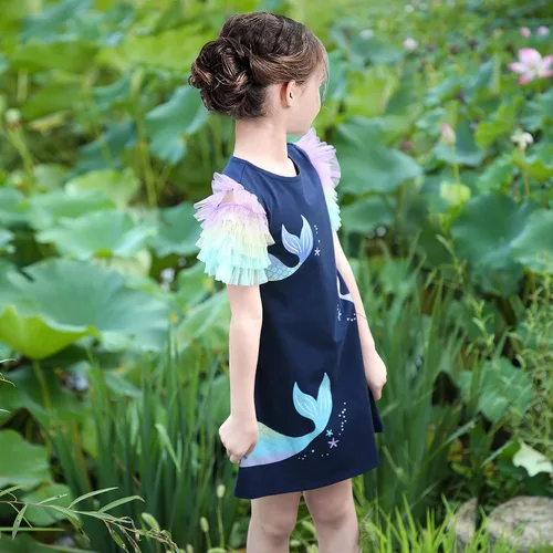 Vista 5 de Sunny Fashion Girls Dress Blue T-Shirt Pocket Embroidery Butterfly Tulle Flutter Sleeve