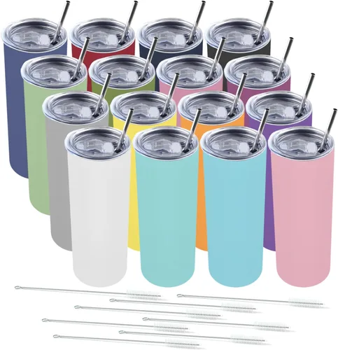 Vista 11 de Amtidy Paquete de 12 vasos delgados de 20 onzas con tapa y popote, vaso aislado al vacío de doble pared para bebidas frías y calientes