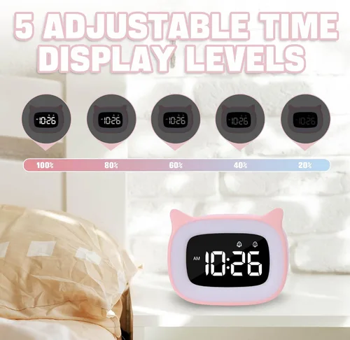 Vista 3 de Reloj despertador de gato rosa con luz nocturna para niños Small Alarm Clock, OK to Wake, Toddlers Clock, Birthday Gift for Boy Girls Children