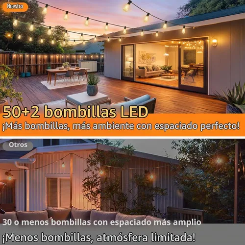 Vista 2 de 100 pies de luces de cadena solar para exteriores con control remoto, luces LED recargables por USB para patio con 52 bombillas ST38 Edison