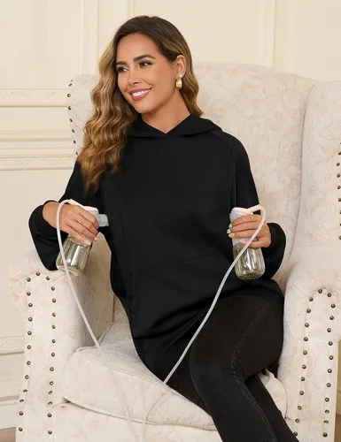 Vista 2 de Bhome Sudadera de lactancia con capucha para lactancia materna con cremalleras ocultas, bolsillo de canguro