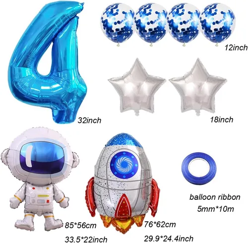 Vista 4 de Globos de cumpleaños de cohete de astronauta, globo de fiesta de espacio exterior, globos gigantes de papel de aluminio de 32 pulgadas, globo azul