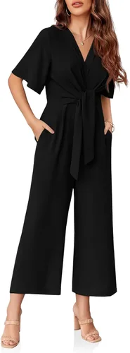 Vista 4 de GAMISOTE Enterizo de pierna ancha para mujer, manga corta, nudo frontal, overol largo de verano