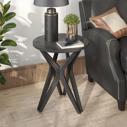 Vista 5 de Mesa auxiliar estilo rústico con pedestal, superficie envejecida con base de trípode, mesita de noche para sala de estar, moderna, decoración boho