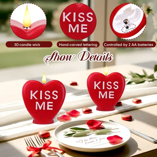Vista 3 de Retisee 2 velas LED en forma de corazón sin llama para el día de San Valentín, velas románticas de colección de San Valentín, decoración romántica