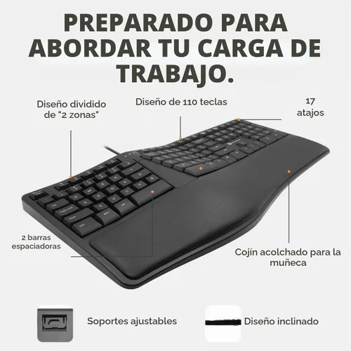Vista 9 de Teclado Ergonómico con Cable X9 con Reposamuñecas Acolchado - Escribe Cómodamente por Más Tiempo - Teclado Dividido con Cable USB para Laptop, PC