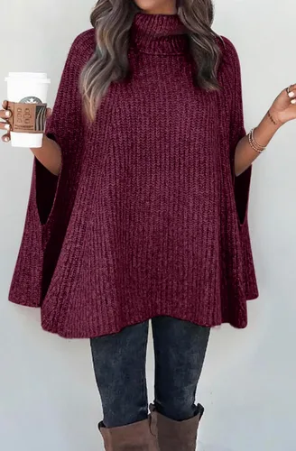 Vista 7 de KIRUNDO Suéter tipo poncho de cuello alto para mujer, para otoño e invierno 2024