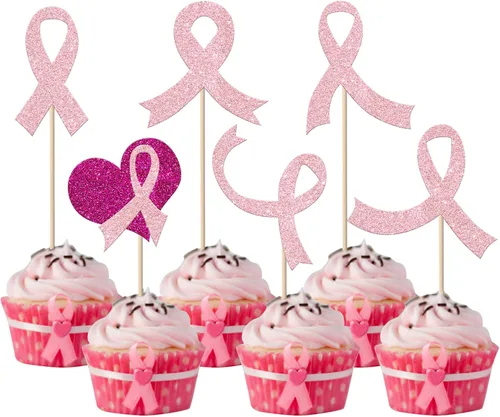 Vista 8 de Rsstarxi Paquete de 24 adornos para cupcakes con purpurina para concientización sobre el cáncer de mama, cinta rosa con purpurina para lucha contra